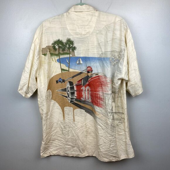 Tori Richard Shirt Mens Large Cream Red Race Car 30 Button Up Hawaiian Viscose - Picture 4 of 11